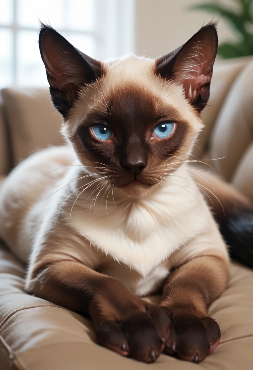 score_9, score_8_up, score_7_up, score_6_up, score_5_up, score_4_up, source_furry, no humans, hud_si4mese_c4t, blue eyes, whiskers, tail, siamese cat, furry, <lora:siamese:0.7>, blurry background, looking at viewer, lying, on stomach, couch