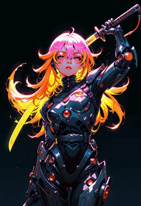 ckym, in the style of ckym, masterpiece, best quality, good quality, very aesthetic, absurdres, newest, 8K, depth of field, focused subject, artist:moriimee, BREAK  intricate linework with expressive contrasts, soft lighting with dynamic highlights, image of a Japanese cyborg woman, android body with robot arms, inticate wires and circuits, sci-fi knight armour, cyberpunk glasses, long bioluminescent hair, flowing hair, bangs, holding a glowing neon katana, looking at the viewer, dark background, bokeh, viewed from above, perfect hand
