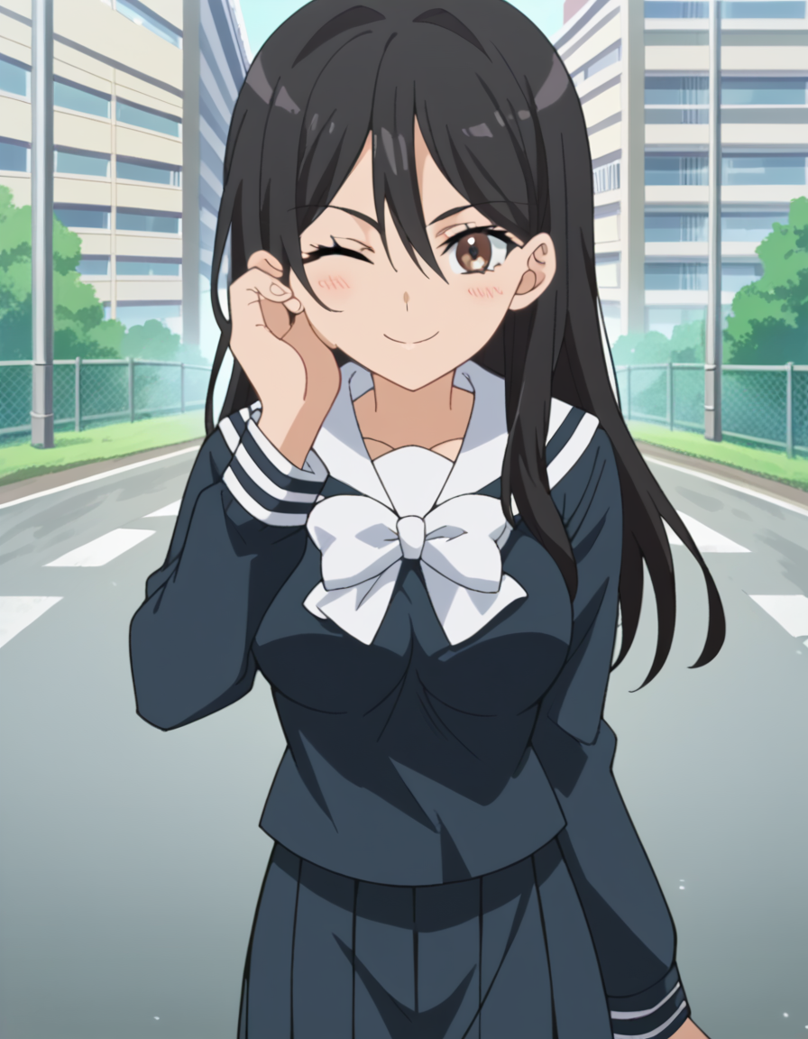 score_9, score_8_up, score_7_up, source_anime, <lora:seiri-fukiyose-indexs2-ponyxl-lora-nochekaiser:1>, seiri fukiyose, long hair, black hair, brown eyes, hair between eyes, anime screencap,, large breasts, skirt, school uniform, serafuku, black shirt, black skirt, long sleeves, white bowtie, white sailor collar, a certain high school uniform, road, cars, asphalt, travel, speed, smile, <lora:guided-hand-on-cheek-ponyxl-lora-nochekaiser:1>, guided hand on cheek, hand grab, hand on another's cheek, hand on another's face, looking at viewer, pov, pov hands, smile, blush, one eye closed, caress, caressing cheek, looking at viewer, solo,, dutch angle, cowboy shot