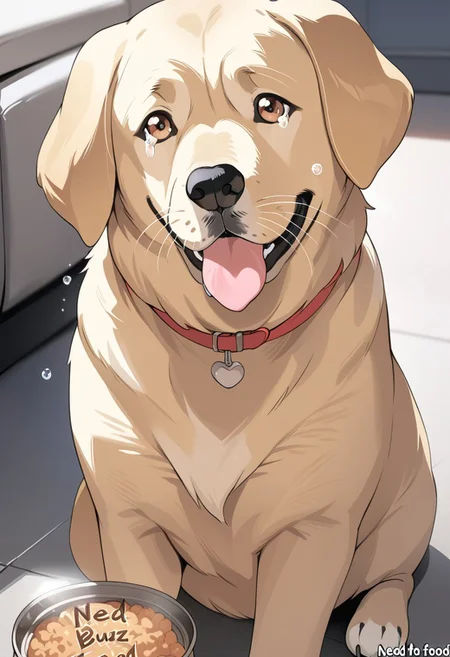 Masterpiece, dog, crying, solo , ((text "need buzz for dog food")), golden Labrador