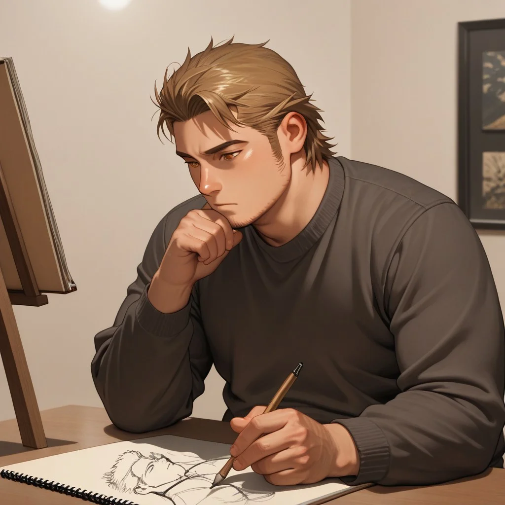 masterpiece, best quality, amazing quality, absurdres, newest, detailed background, definition so sharp, Ultra-HD, 8K cinematic, very awa, impressionate, amazing quality, highres,
solo, male focus, manly, plump, shadow, shiny skin,
ekusoushizumu, ekusou_brunette, ekusou_orange eyes, 1boy, short hair, sideburns, stubble, artistic, thoughtful, studio, drawing, painting, sketchbook, warm_colors, muted_tones, classical_music, deep_in_thought, pensive, inspiration, creative_space, vintage