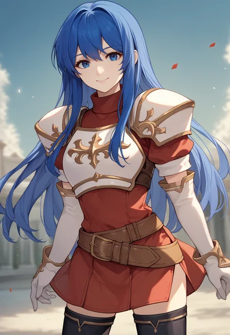 score_9, score_8_up, score_7_up, source_anime BREAK 1girl, solo, <lora:caeda-fe-richy-v1_pdxl:1> caedadef, blue eyes, blue hair, long hair, bangs, turtleneck, red shirt, shoulder armor, pauldrons, breastplate, multiple belts, brown belt, white gloves, elbow gloves, red skirt, black thighhighs, white boots, smile, looking at viewer,