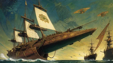 (masterpiece), painting, artwork, high detail, a single green viking steampunk cruiser, gun-turrets and triangular sails, photorealistic, glorious, dramatic lighting, deviant art, <lora:Don_Lawrence_Storm_v1:1>, dlstormstyle, <lora:add_detail:1>, <lora:Moebius:0.6>, <lora:Nouveau_last:0.8>, art nouveau style,