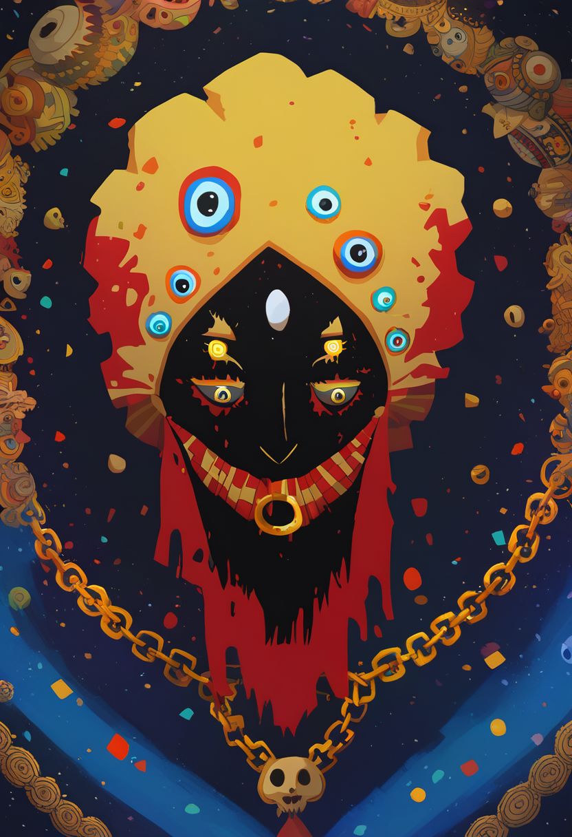 score_9, score_8_up, score_7_up,  hindu god dancing in the swirling cosmos, wild dance kicking and flailing, radiating awesome godlike power, strange man, beautiful full beard, big white eyes, dark blue skin, golden jewelry, a belt of skulls, a necklace of bloody heads, skulls flying in kaleidoscopic patterns, ( inhumanly thin:1.1)