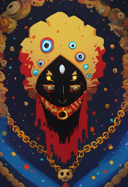 score_9, score_8_up, score_7_up,  hindu god dancing in the swirling cosmos, wild dance kicking and flailing, radiating awesome godlike power, strange man, beautiful full beard, big white eyes, dark blue skin, golden jewelry, a belt of skulls, a necklace of bloody heads, skulls flying in kaleidoscopic patterns, ( inhumanly thin:1.1)