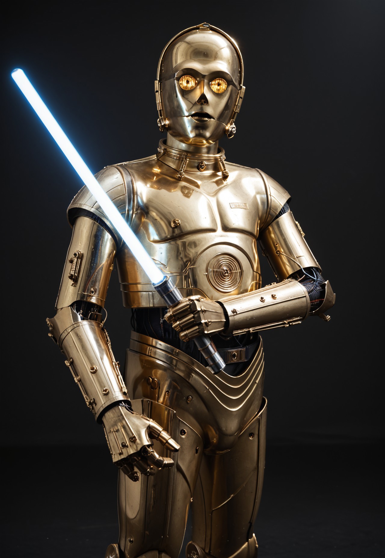 score_9_up, score_8_up, score_7_up, realism, 
1boy, c3po, android, robot male, golden metallic skin, golden glowing eyes, black midriff with wiring, standing, arms raised, serious, looking at viewer, standing, leaning in, wielding a lightsaber, glowing blue lightsaber, battle stance, legs apart, cowboy shot, close-up, upper body, side view,
indoor, in a photostudio, black walls, day time, best quality, dynamic pose, masterpiece, natural lighting, lots of details, high resolution, 8K, colorful, dynamic shot, black background, zzLightSaber,