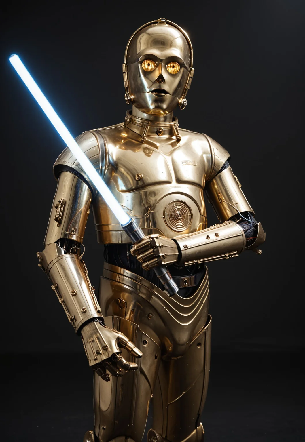 score_9_up, score_8_up, score_7_up, realism,
1boy, c3po, android, robot male, golden metallic skin, golden glowing eyes, black midriff with wiring, standing, arms raised, serious, looking at viewer, standing, leaning in, wielding a lightsaber, glowing blue lightsaber, battle stance, legs apart, cowboy shot, close-up, upper body, side view,
indoor, in a photostudio, black walls, day time, best quality, dynamic pose, masterpiece, natural lighting, lots of details, high resolution, 8K, colorful, dynamic shot, black background, zzLightSaber,
