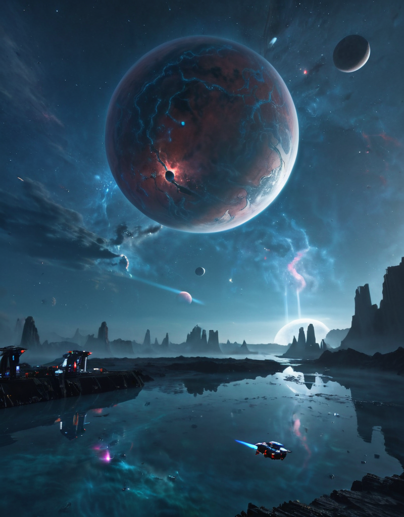 <lora:Space_Worlds_01__Poetic_xl:1> sw01p_xl, beautiful poetic landscape, huge planet, water planet surface, detailed planet in the background, nebula,  lakes,