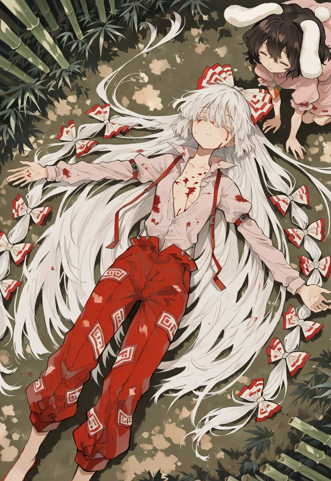 masterpiece, best quality, amazing quality, very aesthetic, absurdres, newest, highres, 4k,8k,Ultra HD, extremely detailed, ultra detailed face, detailed eyes,
(for above:1.5),
in a bamboo forest,,
2girl, multiple girls, multiple different girls, 2 different girls,,
BREAK
(Huziwara no Mokou, focus, lying on ground, blood on chest, no expression, (closed eyes;1.1), spread arms),,
BREAK
(Inaba Tewi, standing near, looking at another, (opened eyes:1.5)),,
BREAK
r17329_illu,
raytracing ambient occlusion, perfect compostion, close up
