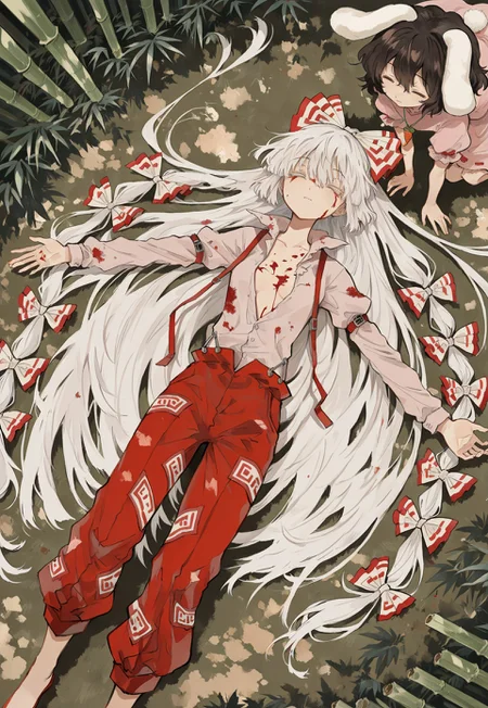 masterpiece, best quality, amazing quality, very aesthetic, absurdres, newest, highres, 4k,8k,Ultra HD, extremely detailed, ultra detailed face, detailed eyes,
(for above:1.5),
in a bamboo forest,,
2girl, multiple girls, multiple different girls, 2 different girls,,
BREAK
(Huziwara no Mokou, focus, lying on ground, blood on chest, no expression, (closed eyes;1.1), spread arms),,
BREAK
(Inaba Tewi, standing near, looking at another, (opened eyes:1.5)),,
BREAK
r17329_illu,
raytracing ambient occlusion, perfect compostion, close up