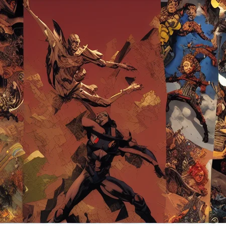 Fantastic heroes in dynamic action poses, collage-style graphic novel page. Art styles by Sergio Toppi, Emmanuel Lepage, Mike Hinge, Bill Sienkiewicz, and Dave McKean. Artwork by Thomas Blackshear with abstract and surreal styles. Sharp dynamic lighting, intricate details, 4k, 8k, HQ, HD resolution.