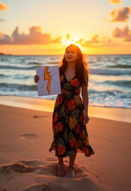 The sun was setting over Waikiki Beach, casting a warm, golden glow across the landscape. The rhythmic sound of waves lapping against the shore created a serene soundtrack for the evening.
On the edge of the beach, an adult woman, embodying the grace of her Hawaiian heritage, stood with a sense of youthful exuberance. Her dark, wavy hair cascaded past her shoulders, and she wore a flowing sundress adorned with vibrant tropical patterns. Her bare feet were buried in the warm sand as she looked up with a mix of nostalgia and anticipation.
In her hand, she held a piece of art—a striking drawing of a lightning bolt, rendered in vivid orange and shimmering yellows. The lightning bolt was more than just a sketch; it seemed to radiate an abstract, almost mystical energy, capturing a sense of excitement and possibility.
The woman’s eyes widened with delight as the abstract concept of the “buzz” manifested before her. The lightning bolts seemed to come alive, their electric energy painting the sand with a dynamic, ephemeral brilliance. She felt a rush of exhilaration, a rekindling of the magic she had cherished from her youth.
The scene was a perfect blend of adult sophistication and childlike wonder, capturing the essence of finding joy and magic in the simplest of moments.