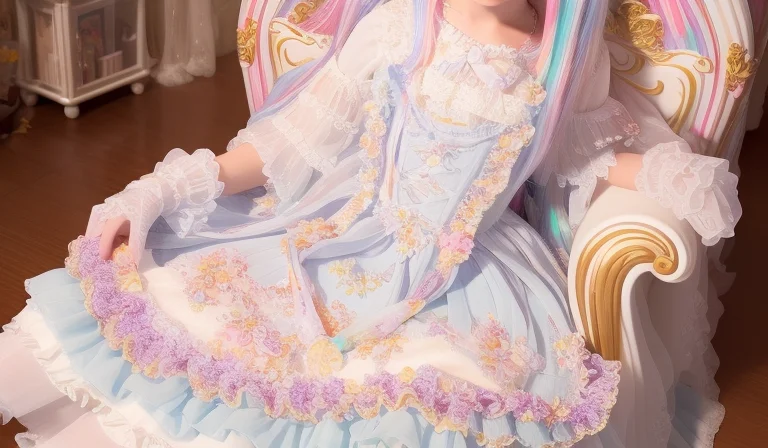 <lora:lolita_dress:1>, (ultra-detailed, an extremely delicate and beautiful),((ultra-detailed)),(best quality),((illustration)),(Celluloid:1.25),(cygames:1.35),1girl,
(solo:1.5),(flat_chest:1.3),(girl sitting in throne:1.2),(wavy hair),(long hair),white hair,((colorful hair:1.45)),((streaked hair:1.2)),(hair ribbon:1.15),hair flower,(Women's small formal hat:1.25),((expressionless,)),beautiful detailed face,( beautifully detailed eyes),
(sweet_lolita),(dress),(detached sleeves),(ribbon-trimmed sleeves),(white gloves),((Chocolates,candy)),((pleated skirt)),((white pantyhose)),(no shoe),
Detailed background,(glass jar:1.25),(Candy and chocolate in bottle:1.25),(A lot of candy around girl:1.35),(Stacked candy tower:1.25),Candy and chocolate on the skirt,