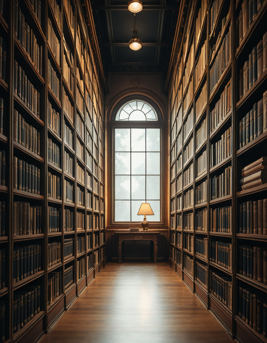 A quiet and dimly lit aisle in a grand university library, lined with tall wooden bookshelves filled with countless books of various sizes and colors. The shelves stretch high, nearly reaching the ceiling, with small ladders placed along the aisle for access to the upper rows. The soft glow of overhead lights casts a warm ambiance, illuminating the dust particles floating in the air. The floor is covered in polished hardwood or a subtle-patterned carpet, absorbing the quiet footsteps of visitors. At the far end of the aisle, a large window lets in a gentle stream of natural light, creating a contrast between the warm artificial glow and the cool daylight. Some books are slightly pulled out from the shelves, and a few are stacked on a nearby wooden table, suggesting recent use. The atmosphere is serene and intellectual, evoking a sense of knowledge, discovery, and timeless academia. The composition is symmetrical, drawing the eye down the center of the aisle, creating depth and perspective.
<lora:SDXLFaeTastic2400:0.4> <lora:extremely_detailed:0.4> extremely detailed, <lora:University_Library_41sl3-ill:1>,University Library 41sl3, Masterpiece,best quality,hi res,8k,hi res,8k,award winning,(sharp focus, intricate, highly detailed),