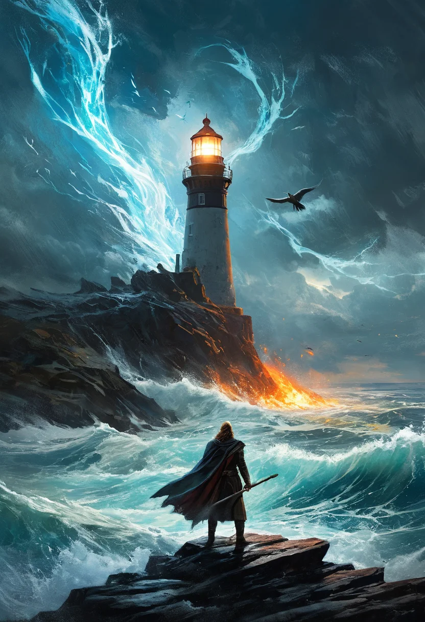 professional, (4k photo:1.1) , (Sharp focus:1.3), high detail, (extremely thin, slender, slim, long legs),
 <lora:spotlight:1> dark theme, silhouette, magical lighting, fantasy,
(Amidst the swirling chaos of the Elemental Rift, a magical battleground where fire, ice, wind, and earth clash in perpetual turmoil, a sorceress with hair of living flame and eyes like frozen lakes casts spells that morph the landscape, fighting to seal the rift and prevent the elements from tearing the world apart.,High cliff overlooking a stormy sea, waves crash below, an old lighthouse stands resolute, a man in a weathered sea captain's jacket stares out at the horizon, seagulls circle above, camera angle over the shoulder, dramatic, moody lighting, the sense of an impending storm.:1.2)
<lora:greg_rutkowski_xl_2:0.8> greg rutkowski, , (expressionism, impressionism, broad brush strokes:1.4)