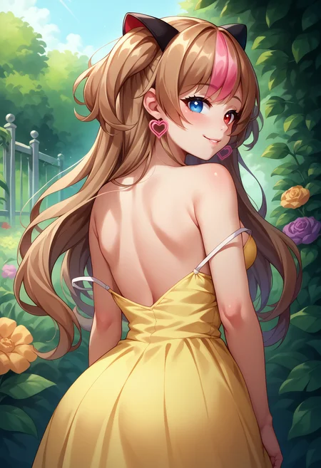 score_9,score_8_up,score_7_up,detailed,1girl,jelomk23def,medium breasts,from behind,garden,strap slip,light brown hair,streaked hair,pink hair,fake animal ears,two side up,long hair,red eyes,heterochromia,blue eyes,heart earrings,yellow sundress,looking back,seductive smile,<lora:MK23-JeloXL-000008:1>,