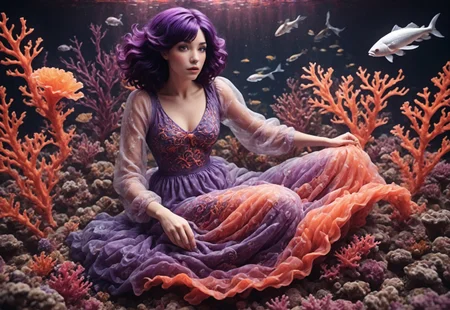 a woman with dark purple hair swims across the ocean floor, looking around at the reef flora she is swallowed by the coral slowly twisting it's way around her, forming a dress, fish swim by, pastels, purples, orange sherbert hues
easynegative, negative_hand