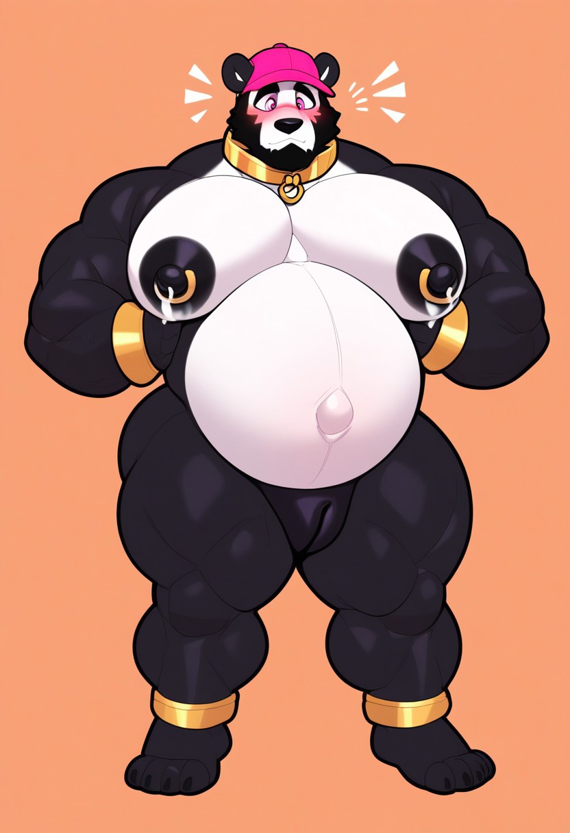 score_9, score_8_up, score_7_up, 2k, 4k, high res, 2d (artwork), Milkblend, solo, 1boy, pink eyes, wide eyes, looking down, flustered, 1boy, solo, panda, facial hair, black and white body fur, furry male, pink cap, blushing, andromorph, massive pecs, man tits, massive pussy, outside, orange background, standing, groping pecs, shirtless, erect nipples, massive nipples, nipple piercings, male lactation, muscular arms, muscular legs, overweight male, bottom heavy, thick thighs, large hips, pregnant male, Ovum, gold bracelets, gold ankle bracelets, gold collar
