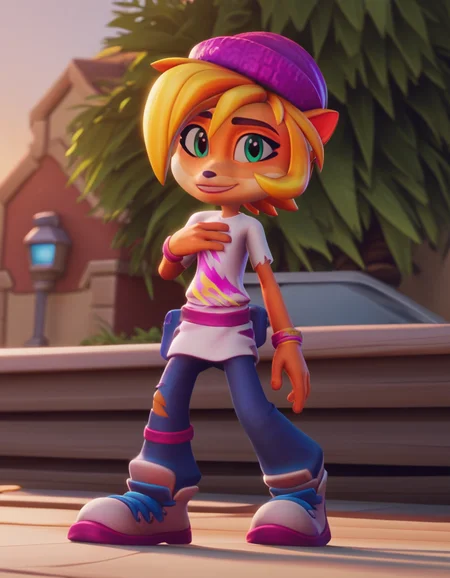 score_9, score_8_up, score_7_up, source_anime, <lora:coco-bandicoot-totally-tubular-ingame4-ponyxl-lora-nochekaiser:1>, coco bandicoot, short hair, blonde hair, green eyes, pointy ears, furry, 3d, shirt, hat, torn clothes, striped shirt, pants, suburban neighborhood, morning jog, earphones, running shoes, fresh air, sunrise, smile, looking at viewer, hands on own chest,, solo,, cowboy shot, dutch angle,