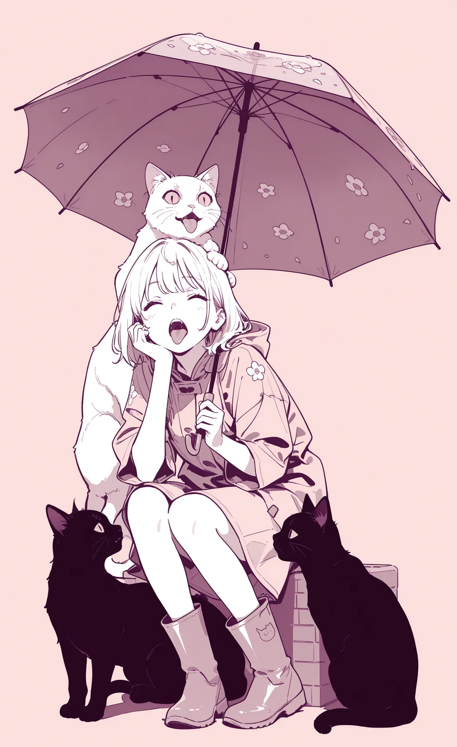 masterpiece, best quality, good quality, very awa, very aesthetic, absurdres, newest, 1girl, animal, boots, cat, closed eyes, floral print, head rest, holding, holding umbrella, minimalism, monochrome, on umbrella, open mouth, oversized animal, rubber boots, simple background, teeth, tongue, tongue out, umbrella, unhappy, wide-eyed <lora:ponyv6Noobe112Adamw.9Eti:0.8> <lora:MeMaXL4:0.3> <lora:Lofi_style:0.7>