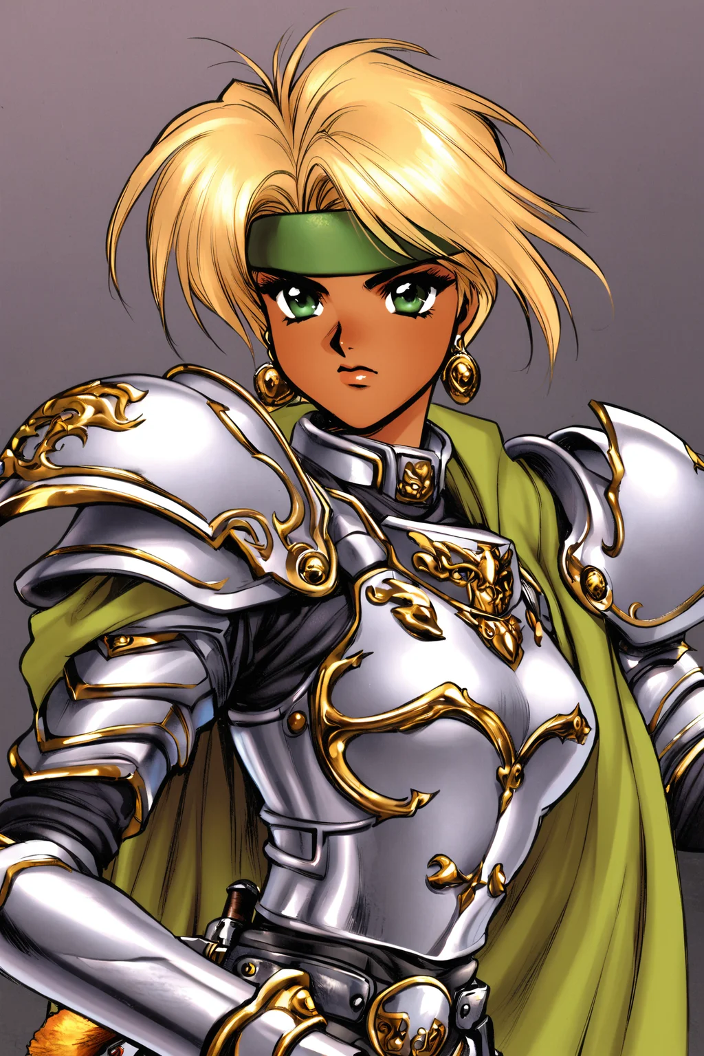 1girl,weapon,armor,sword,solo,blonde hair,headband,1990s \(style\),short hair,shield,earrings,green eyes,pauldrons,shoulder armor,cape,dark skin,
<lora:Masamune Shirow_XL:0.8>,