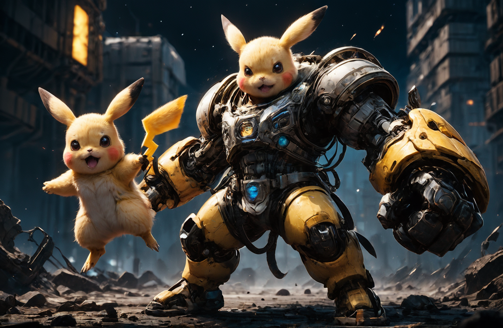 amazing quality, masterpiece, best quality, hyper detailed, ultra detailed, UHD, HDR, DOF, depth of field, sci-fi,
(Picachu:1.2), (yellow:1.2) giant mechanical arms, fighting stance, hand up,( opened mouth, extremely angry:1.2), spacecraft in background,( punching:1.3),
glowing, shine, dazzling, outstretched arm, outstretched hand, (night:1.2), bodybuilding, flex muscles, universe space, smooth metal surface,
<lora:cfc-giant-mechanical-arms:0.8>,
<lora:add-detail-xl:0.7>,
<lora:EnvyBetterHiresFixXL01:1.0>,
<lora:extremely_detailed:0.7>, extremely detailed,