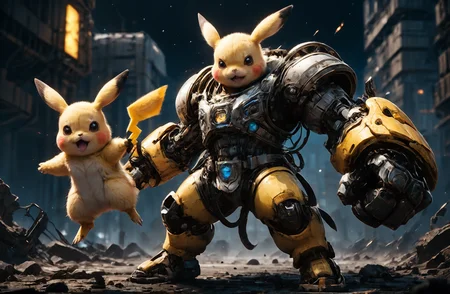 amazing quality, masterpiece, best quality, hyper detailed, ultra detailed, UHD, HDR, DOF, depth of field, sci-fi,
(Picachu:1.2), (yellow:1.2) giant mechanical arms, fighting stance, hand up,( opened mouth, extremely angry:1.2), spacecraft in background,( punching:1.3),
glowing, shine, dazzling, outstretched arm, outstretched hand, (night:1.2), bodybuilding, flex muscles, universe space, smooth metal surface,
<lora:cfc-giant-mechanical-arms:0.8>,
<lora:add-detail-xl:0.7>,
<lora:EnvyBetterHiresFixXL01:1.0>,
<lora:extremely_detailed:0.7>, extremely detailed,