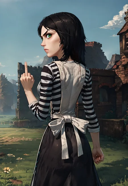 SCORE_9, SOURCE_ANIME, SOLO, 1GIRL, ALICE LIDDELL, BLACK HAIR, GREEN EYES, WHITE SHIRT, STRIPED SHIRT, APRON, BLACK DRESS, CLENCHED FIST, MIDDLE FINGER, FROM BEHIND, LOOKING BACK, MAD, PORTRAIT, BREAK, GRASSY FIELD, SUNSHINE, BLUE SKY