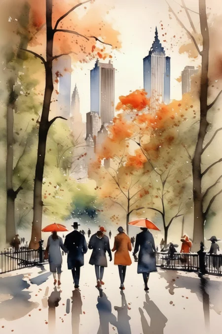 <lora:Thomas Schaller Style:1>Thomas Schaller Style - image of Central Park in New York City, watercolor painting style, people walking dressed fashionably