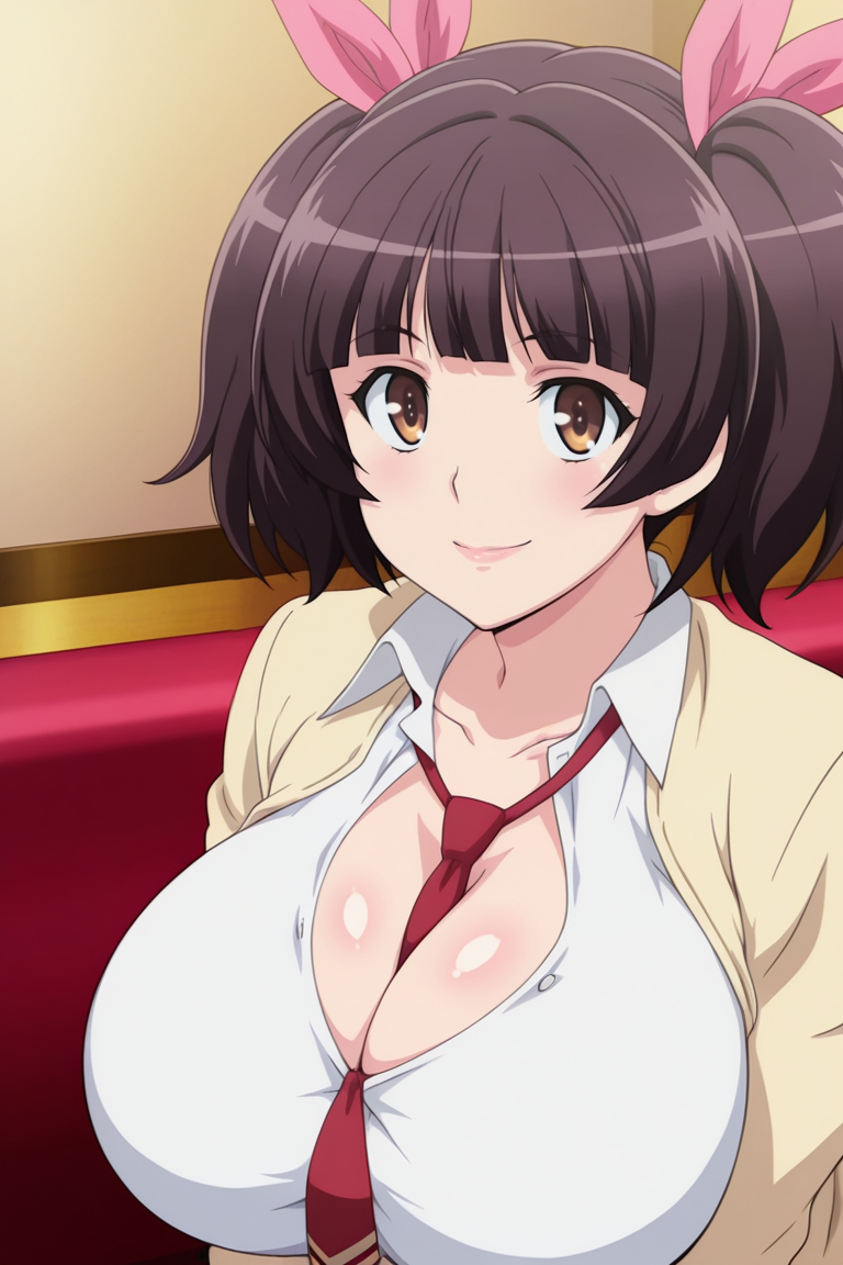 masterpiece , source_anime  , 1girl, breasts, solo, necktie, school uniform, brown eyes, huge breasts, cleavage, , short hair, black hair, brown hair, twintails, smile, looking at viewer