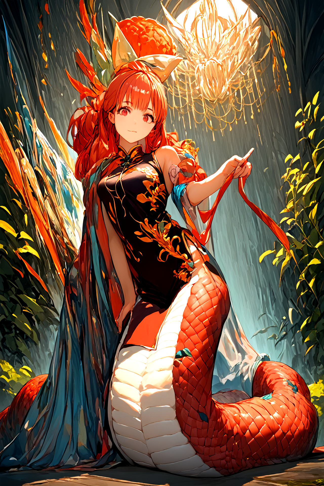 (score_9, score_8_up, score_7_up, source_anime,
(Masterpiece, best quality, illustration, high resolution, hyper detail, finely detailed, ultra-detailed),
8k, Wallpaper, grand, an extremely delicate and beautiful, anime, pixiv, colorful, distinct, bishoujo),
detailed cute anime face, perfect face, sharp
BREAK
<lora:SDXL_LoRA_lamia_PONY_dataset_WCoff_bt04_ep016_05008_1024_dim064_a008_LR00040_snr05_noise00_del:1>,
(lamia, monster girl:0.7),
solo, 1girl, full body, china dress, pelvic curtain