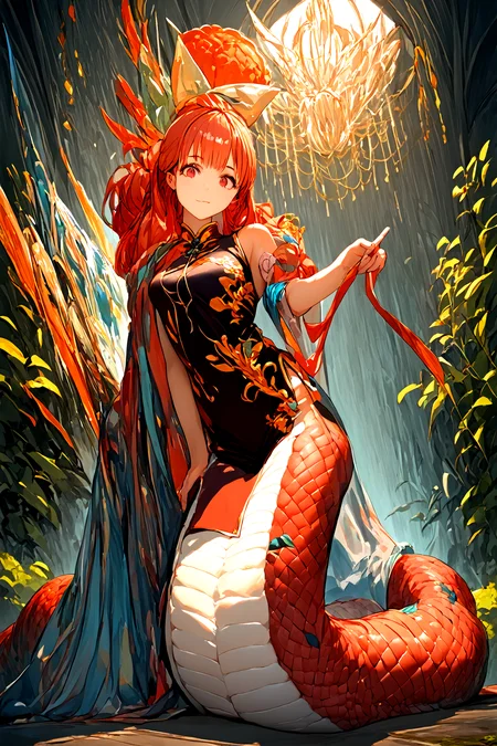 (score_9, score_8_up, score_7_up, source_anime,
(Masterpiece, best quality, illustration, high resolution, hyper detail, finely detailed, ultra-detailed),
8k, Wallpaper, grand, an extremely delicate and beautiful, anime, pixiv, colorful, distinct, bishoujo),
detailed cute anime face, perfect face, sharp
BREAK
<lora:SDXL_LoRA_lamia_PONY_dataset_WCoff_bt04_ep016_05008_1024_dim064_a008_LR00040_snr05_noise00_del:1>,
(lamia, monster girl:0.7),
solo, 1girl, full body, china dress, pelvic curtain