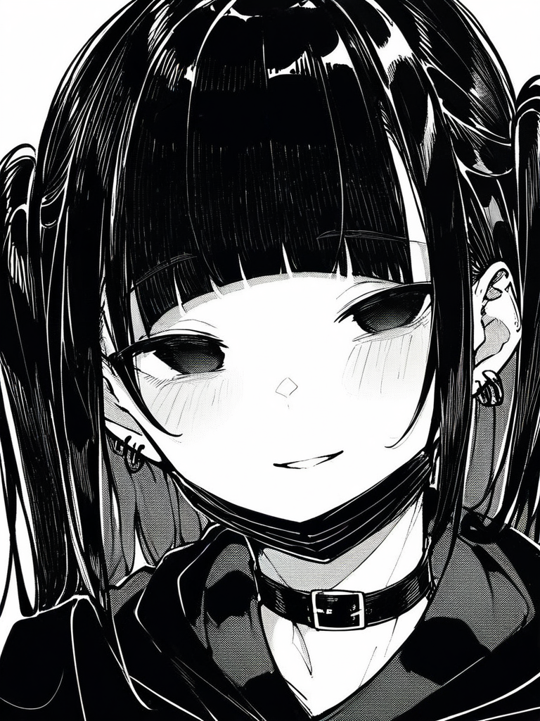 score_9, score_8_up, score_7_up,  
1girl,  monochrome,
black hair, blunt bangs, long hair, two side up, black eyes,
empty eyes, black mask, mask pull, earrings,
smile, parted lips, mouth, looking at viewer, hoodie, face, close-up, narrowed eyes, choker,