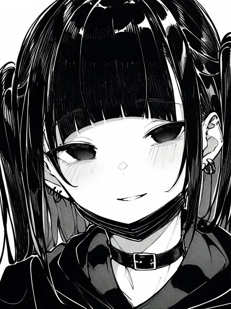 score_9, score_8_up, score_7_up,
1girl, monochrome,
black hair, blunt bangs, long hair, two side up, black eyes,
empty eyes, black mask, mask pull, earrings,
smile, parted lips, mouth, looking at viewer, hoodie, face, close-up, narrowed eyes, choker,