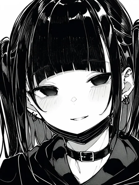 score_9, score_8_up, score_7_up,  
1girl,  monochrome,
black hair, blunt bangs, long hair, two side up, black eyes,
empty eyes, black mask, mask pull, earrings,
smile, parted lips, mouth, looking at viewer, hoodie, face, close-up, narrowed eyes, choker,