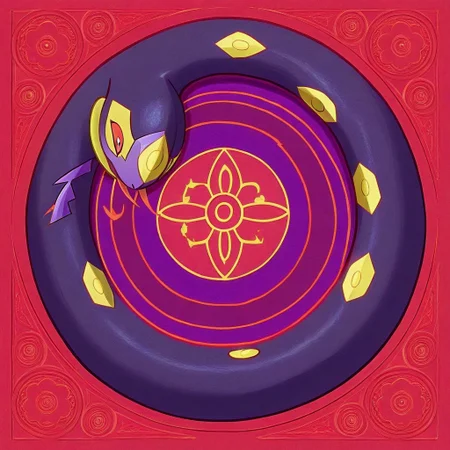 colored Mandala style, medium stylized pattern, Seviper, serpentine, vertical_figure_eight_pattern, intricate_design, symmetrical, traditional_mandala, Seviper_color_palette (deep_purple, black, red), glowing_golden_elements, luminous, mystical, highly_detailed, intricate_scales, geometric_patterns, harmonious_composition, masterpiece, balanced, precise, artistic, reverence, Pokémon
