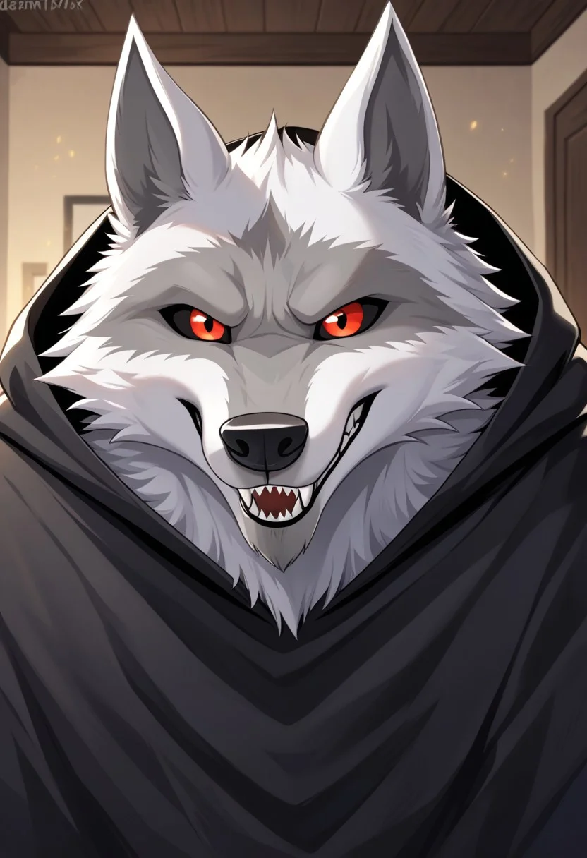 best quality, newest, absurdres, highres, 1boy,solo,Anthro,Deathwolf, Wolf, Black Sclera, Red Eyes, white fur,black hooded cloack,face focus,sharp teeth,living room