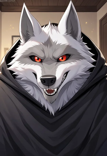 best quality, newest, absurdres, highres, 1boy,solo,Anthro,Deathwolf, Wolf, Black Sclera, Red Eyes, white fur,black hooded cloack,face focus,sharp teeth,living room