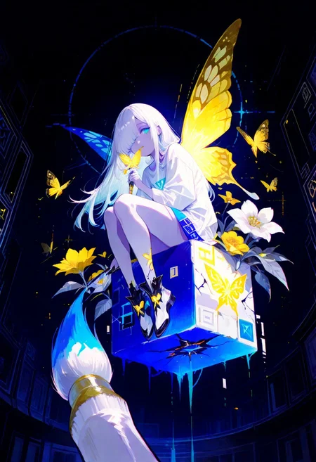 masterpiece, best quality, amazing quality, very aesthetic, absurdres, newest, volumetric lighting, holographic colors, cute, gradient colors, dark background, masterpiece, best quality, amazing quality, very aesthetic, absurdres, newest, volumetric lighting,1girl,
BREAK
ambient occlusion, raytracing, soft lighting, blum effect, masterpiece, absolutely eye-catching, particles, glow, shining, intricate cinematic background, (beautiful face),
BREAK
masterpiece, highly detailed,1girl,beautiful eyes, big eyes, detailed eyes, detailed pupils, perfect body, dynamic pose, dynamic shot,
Leanan Sidhe, minigirl, butterfly wings, paint brush, paint splashes, sitting on giant hand, blue eyes, girl holding giant paint brush,
1girl,from below,geometric,limited color,flat_color,glowing eyes,solo,purple and blue tones,looking at viewer,full body,beautifully detailed background,light particles,{cinematic lighting},cracked screen,transparent color PVC clothing,transparent color vinyl,whole body,ultra-detailed,extremely delicate and beautiful,album cover,album,album description,glitch art,Double exposure,Chromatic Aberration,Light leaks,Noise and grain,Color degradation,Glitch lettering,design,art,abstract art,geometry,clear lines,squares,bright,limited palette,chahua, 1girl, long hair, white shirt, leaf, yellow flower, butterfly, white flower, yellow butterfly, white hair, one eye covered, bangs, holding,pastel color,minute details,colorful,pixel line pixel pattern super pixel,
