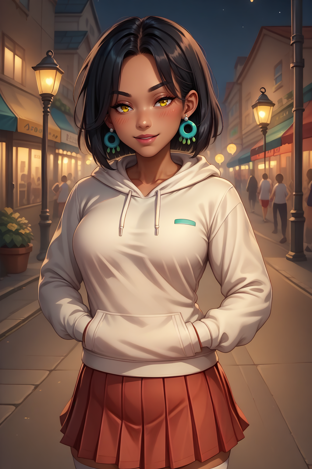 score_9, score_8_up, 1girl, solo, <lora:NSSoniaPortia:0.85> NSSoniaPortia, dark-skinned female, black hair, medium hair, yellow eyes, teal dangle earrings, white hoodie, white thigh-highs, street, streetlights, evening, hands in pockets, blush, slight smile, half closed eyes, looking at the viewer, pleated skirt, red skirt