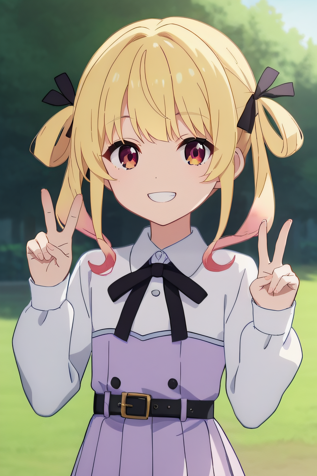 score_9, score_8_up, score_7_up, source_anime, rating_safe, intricate details, anime screencap, official style, 1girl, <lora:Sonou_Momoka:1>, momoka, blonde hair, multicolored hair, black_hair_ribbons, small hair rings, pigtails, burgundy eyes, flat chest, collared shirt, light purple dress, pleated dress, black neck ribbon, black belt, long sleeves, white sleeves, standing, looking at viewer, smile, outdoor, open mouth, grin, peace sign, hands up, upper body