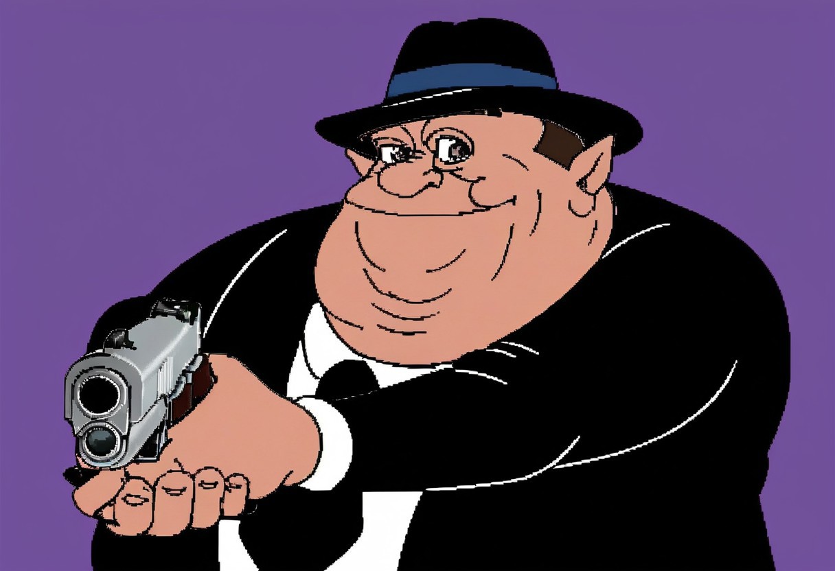 1boy, solo, gangster, (black suit), fedora hat, holding weapon, handgun, holding gun, aiming at viewer, revolver, finger on trigger, morshu, fat, cleft chin, own hands together, smiling, upper body