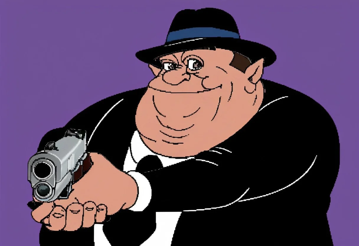 1boy, solo, gangster, (black suit), fedora hat, holding weapon, handgun, holding gun, aiming at viewer, revolver, finger on trigger, morshu, fat, cleft chin, own hands together, smiling, upper body