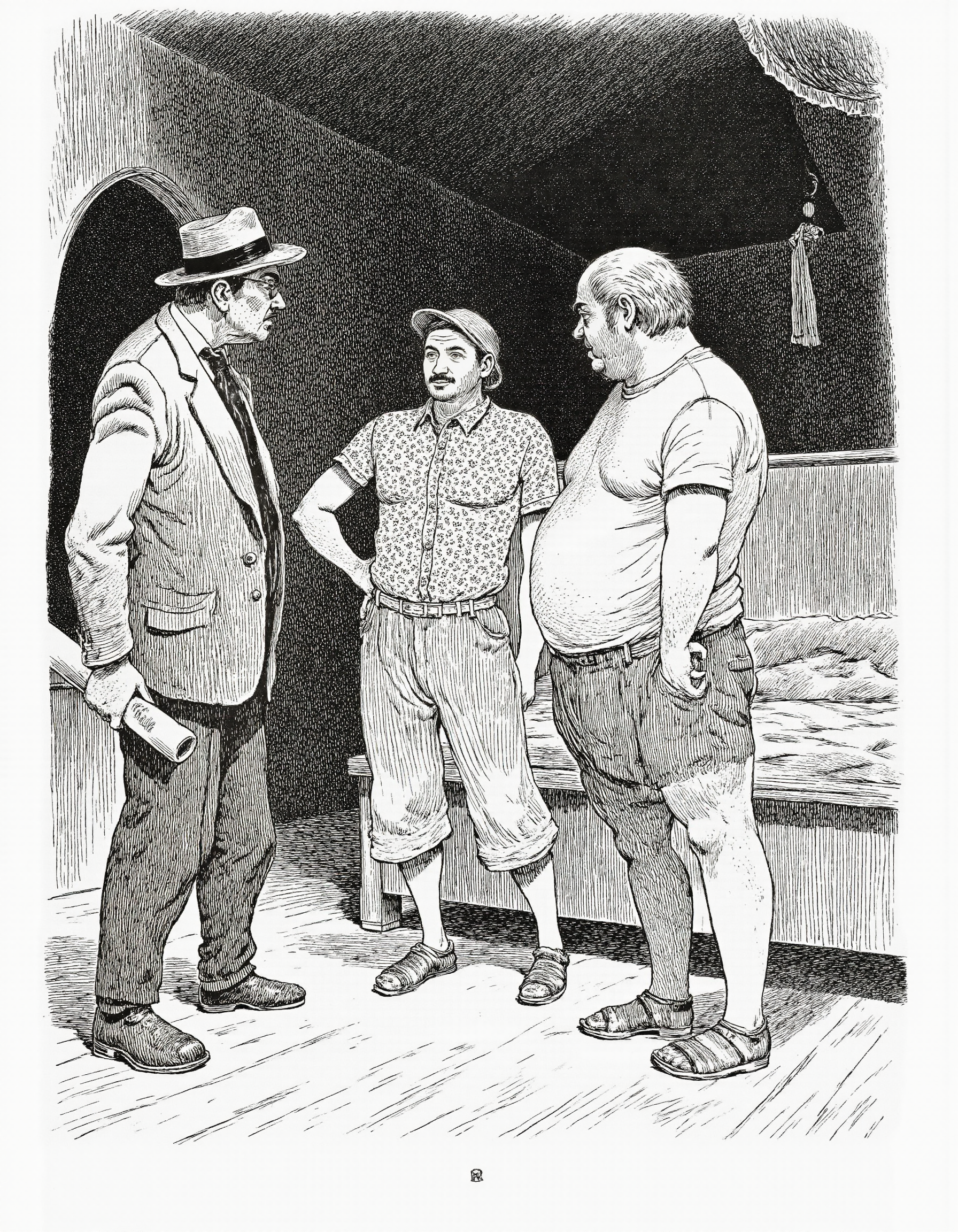 <lora:mig4v:1>This image is a black-and-white drawing, likely created using ink on paper, depicting a scene set indoors. The drawing has a detailed, illustrative style, with intricate line work and shading. The setting appears to be a rustic, possibly historical, room with dark, textured walls and a wooden floor. 
In the foreground, three men are engaged in conversation. The man on the left is wearing a suit with a tie, a hat, and a thick mustache, suggesting a formal or authoritative figure. He holds a rolled-up document in his hand. The man in the center is dressed in a patterned shirt with stars, baggy pants, and a flat cap, giving him a casual, perhaps clownish appearance. The man on the right is dressed in a simple, short-sleeved shirt and shorts, standing with his hands on his hips.
Behind them, a fourth man stands near a bed with a curtain draped over it, partially obscured by the men. The bed has a pillow and a blanket, suggesting a sleeping area. The room is dimly lit, with shadows cast by the figures and the bed, adding to the atmosphere of mystery or suspense. The overall style and setting suggest a historical or period drama.