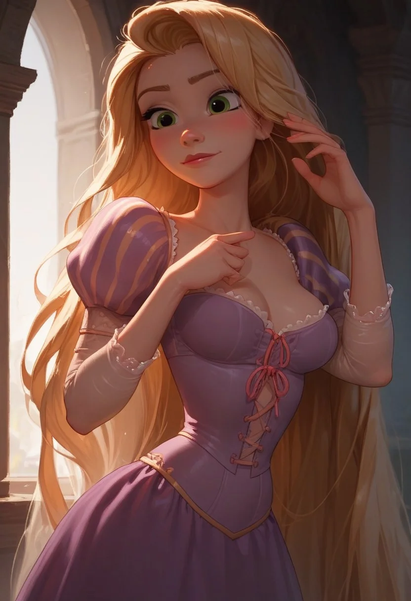 score_9, score_8_up, score_7_up, RapunzelWaifu, purple dress, puffy sleeves, very long hair, blonde, green eyes , short, skindentations, alot of cleavage,  highly detailed face, medium teardrop breasts, perfect breast, skinny girl ,  sharp outlining, high contrast, vibrant colors, glossy skin, , morning light in background, close up on girl, cowboy shot, focus on female, model pose, pin up pose
