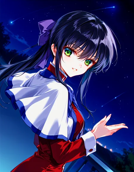 [MugenMaluMix is merged by motimalu, Shining Dream is merged by eliont, Epona_Mix is  merged by k4gtuTi:100], [zPDXLxxx::0.6], score_9, score_8_up, score_7_up, rating_questionable, source_anime, best quality, masterpiece, dreamy watercolor, depth of field, fcx, fyx, phc, yuh, very aesthetic, absurdres, retro style, depth of field, <lora:Expressive_H-000001:0.4>, Expressiveh, <lora:flat_sdxl:-0.8>, <lora:pony_good_hands:0.2>, good_hands, <lora:Mixed_ArtstyleV2:0.36>, [this lora is made by MaiiaM:100], <lora:iris_size_control2_pony_02:0.4>, <lora:detail_eyes-000019:0.2>, [this lora made by sadsilly:100], detail1eye, <lora:PE_AnimeBG:0.6>, PE_AnimeBG, anime, 1girl, long eyelashes, ultra detailed eyes, beautiful eyes, bright eyes, faint lips BREAK head tilt, grin, galaxy, night, night sky, outdoors, scenery, starry sky, universe, shooting star, cowboyshot, from behind, looking away, (from above:0.2), (dutch angle:0) BREAK <lora:kawasumi-mai-xl-05:1>, kawasumi mai, black hair, long hair, hair between eyes, ponytail, purple hairbow, green eyes, expressionless, big breasts, kanon uniform, red uniform, white capelet, black socks, leather shooes