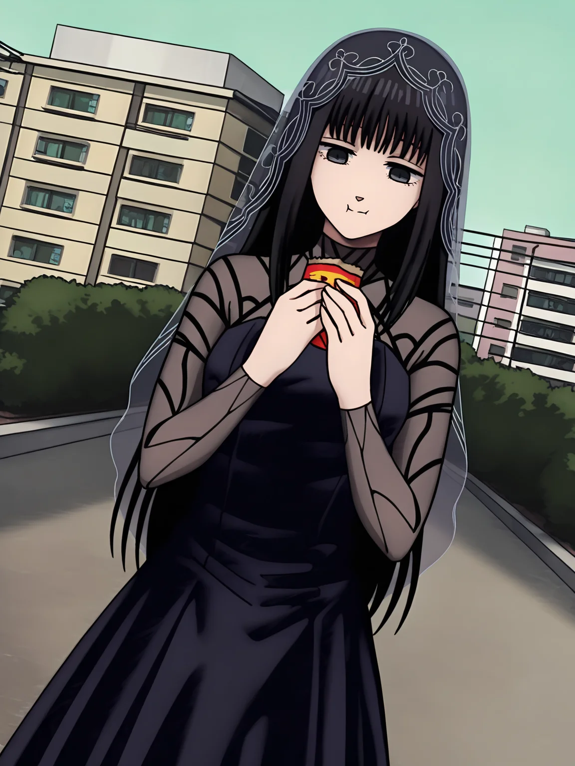 <lora:Osaragi:0.8>, osaragi, 1girl, solo, dark gray eyes, long black hair, bangs, hair veil, long gothic black dress, sheer sleeves, high collar, content, satisfied, calm, blank stare, neutral, standing, eating, holding snack, hands near chest, head down, looking down, upper body, outdoors, dutch angle, city park