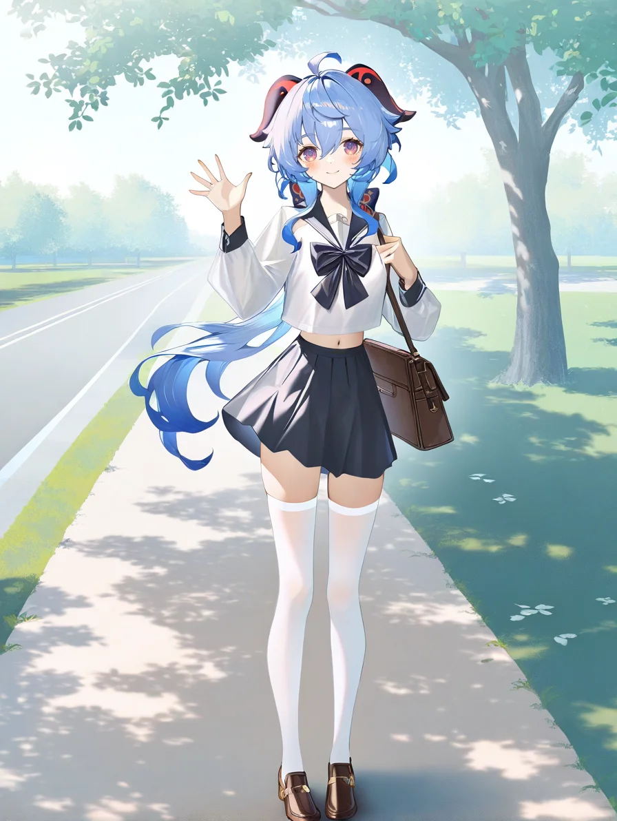 1girl,,1girl,ganyu \(genshin impact\),1girl,solo,standing,outdoors,park,road,white serafuku,bowtie,skirt,navel,white thighhighs,brown footwear,shoulder bag,waving,smile,blush,<lora:fanggeCL-000024:1.1>, masterpiece, best quality, very aesthetic, absurdres