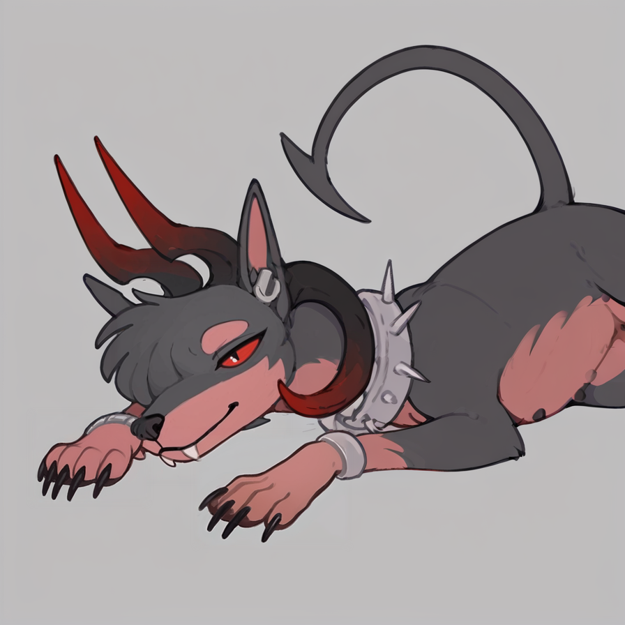 score_9_up, score_8_up, feral female, canine, hellhound, monica, canid demon, solo, <lora:Monica-000009:1>, facing viewer, front, lying on side, plain background, grey background, frumples style, <lora:Frumples_Style:0.8>