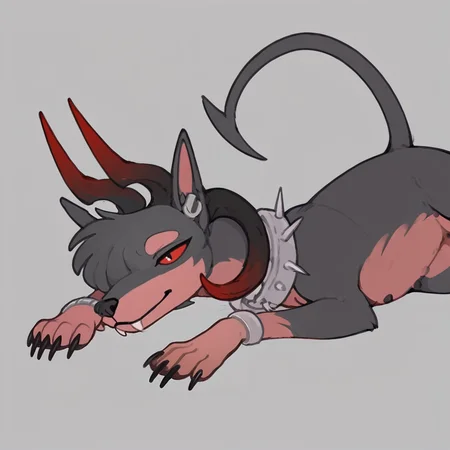 score_9_up, score_8_up, feral female, canine, hellhound, monica, canid demon, solo, <lora:Monica-000009:1>, facing viewer, front, lying on side, plain background, grey background, frumples style, <lora:Frumples_Style:0.8>